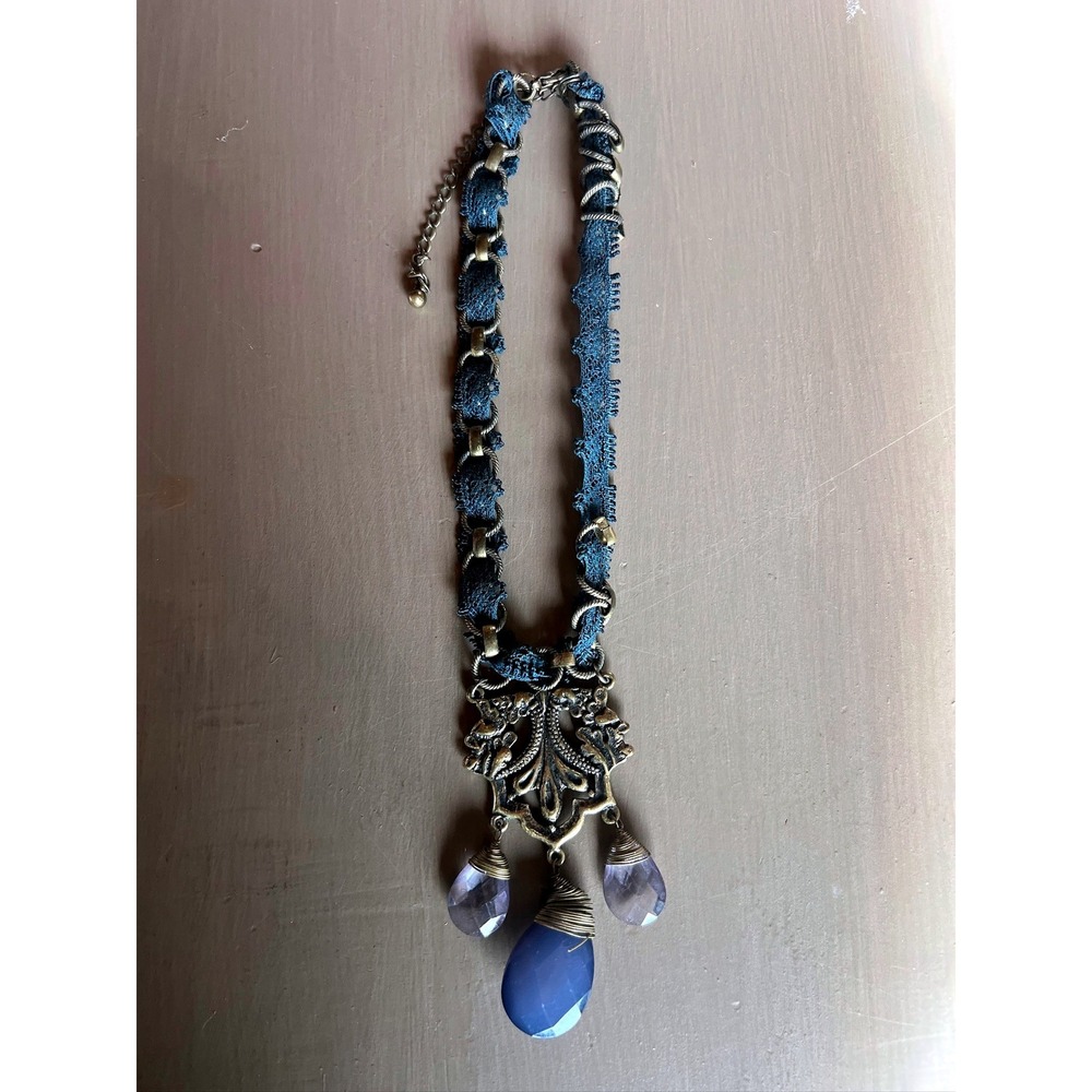 Unbranded Statement Necklace Blue Teal Lace Brass Filigree Teardrop Boho Jewelry